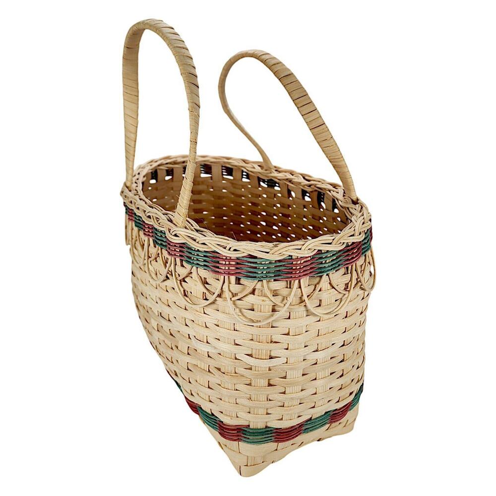 Handwoven Wooden Basket With Handles And Strips Of Red & Green Accents Vintage
